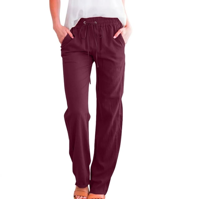 Women High Waisted Wide Leg Pants Casual Drawstring Elastic Trousers Comfy Straight Leg Long Pants With Pockets