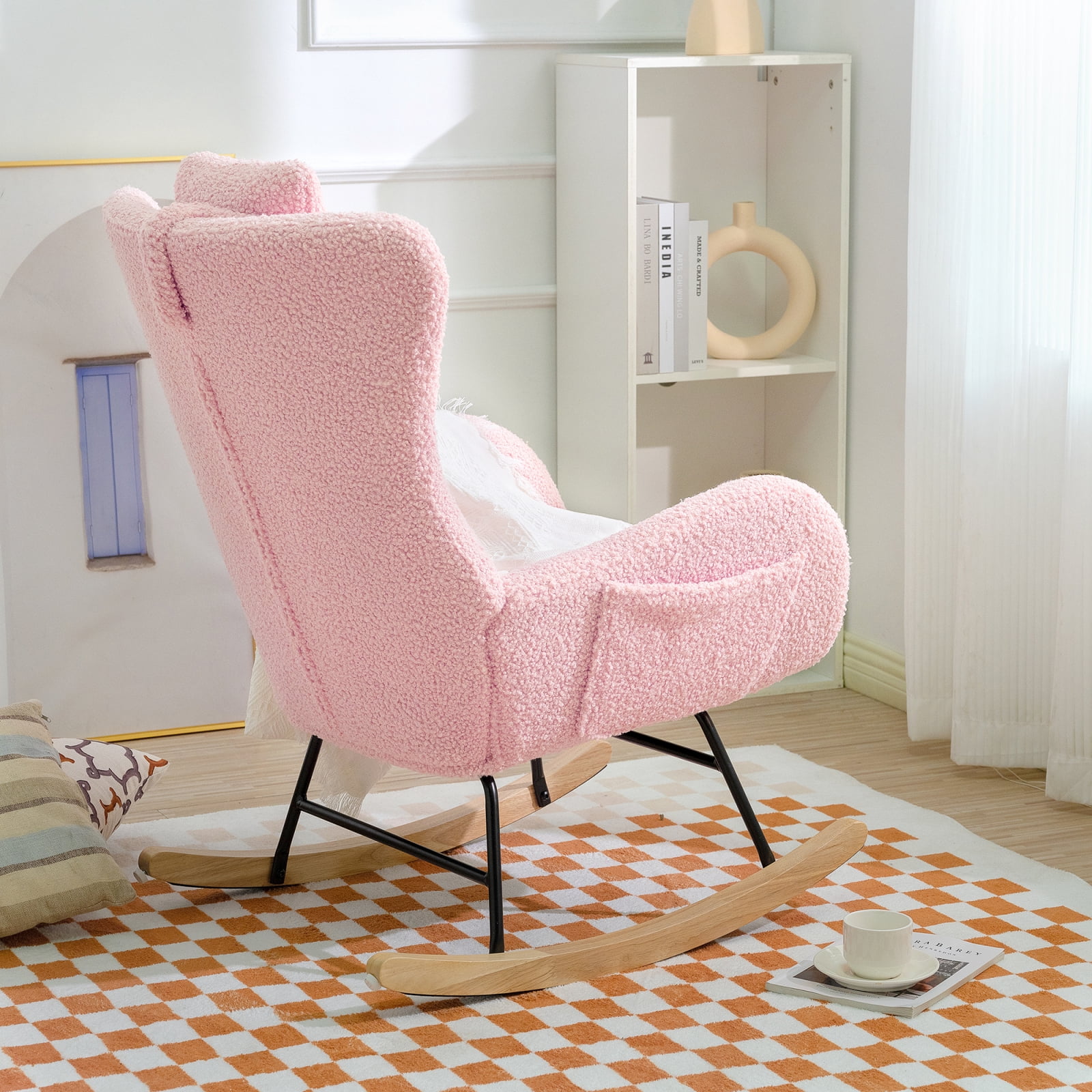 Rocking Chair Nursery, Teddy Upholstered Rocker Glider Chair with High Backrest, Adjustable Headrest & Pocket, Comfy Glider Chair for Nursery, Bedroom, Living Room, Offices, Rubber wood, pink 80119