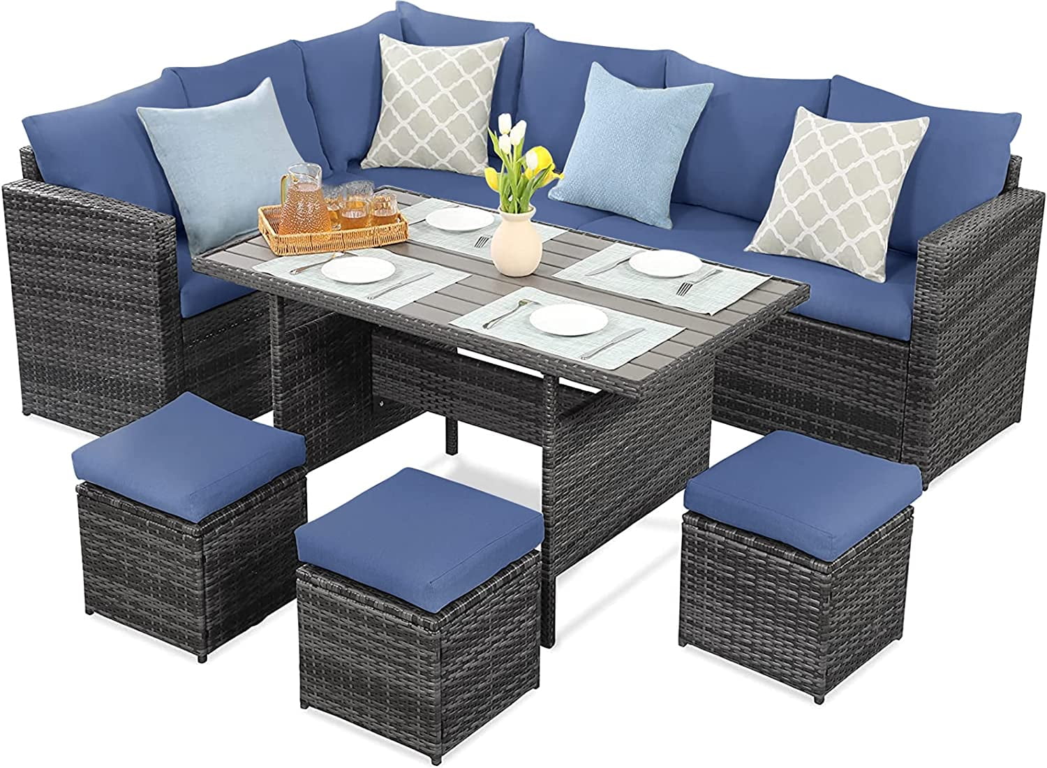 CozyHom 7 Pcs Outdoor Patio Sectional Dining Furniture Sofa Set PE Wicker Rattan Conversation Sofa Sets With Dining Table and Ottomans, Blue