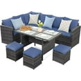 thumbnail image 2 of CozyHom 7 Pcs Outdoor Patio Sectional Dining Furniture Sofa Set PE Wicker Rattan Conversation Sofa Sets With Dining Table and Ottomans, Blue, 2 of 14