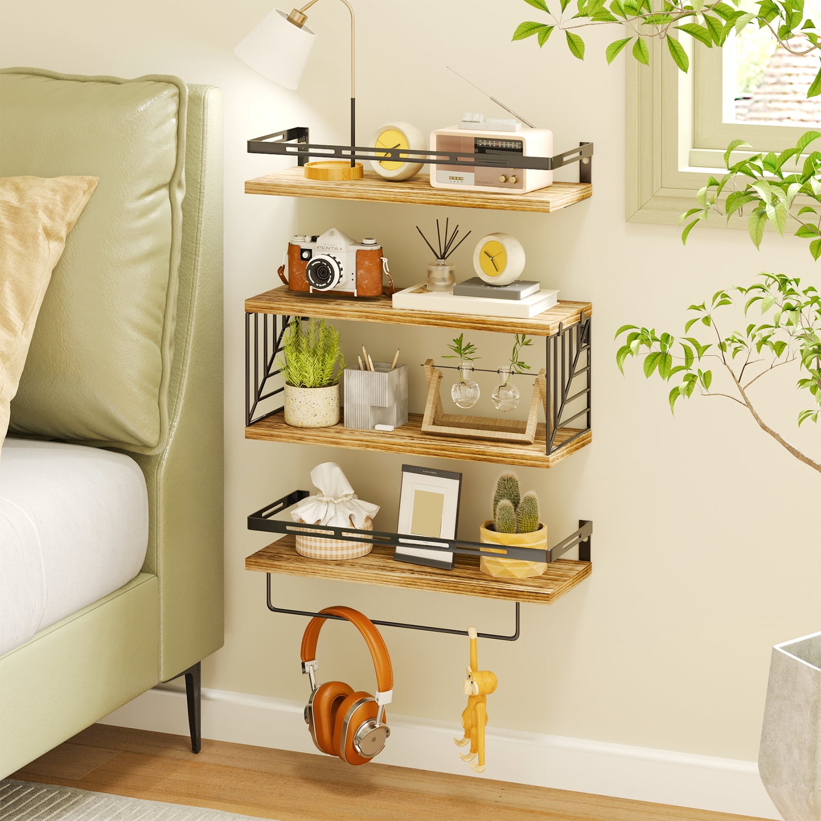 Fairy 4pcs Bathroom Floating Shelves Over Toilet, Wall Shelves with Towel Bar for Bathroom, Living Room (Light Brown)