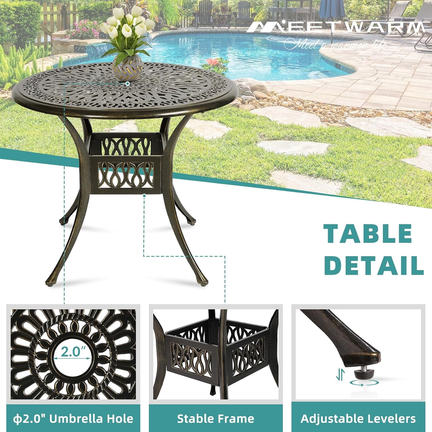 MEETWARM 5 Piece Outdoor Furniture Patio Dining Set, All-Weather Cast Aluminum Patio Table and Chairs Set- 4 Cushioned Chairs, 1 Round Dining Table with Umbrella Hole for Backyard, Chili Red