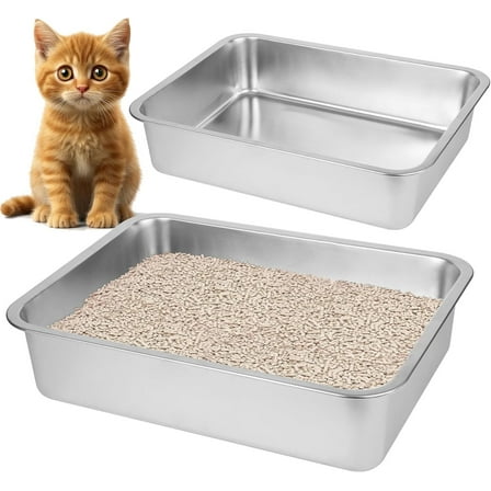 2 Pack Stainless Steel Cat Litter Box(17.5" L X 13.6" W X 4.1" H) for Big Cats