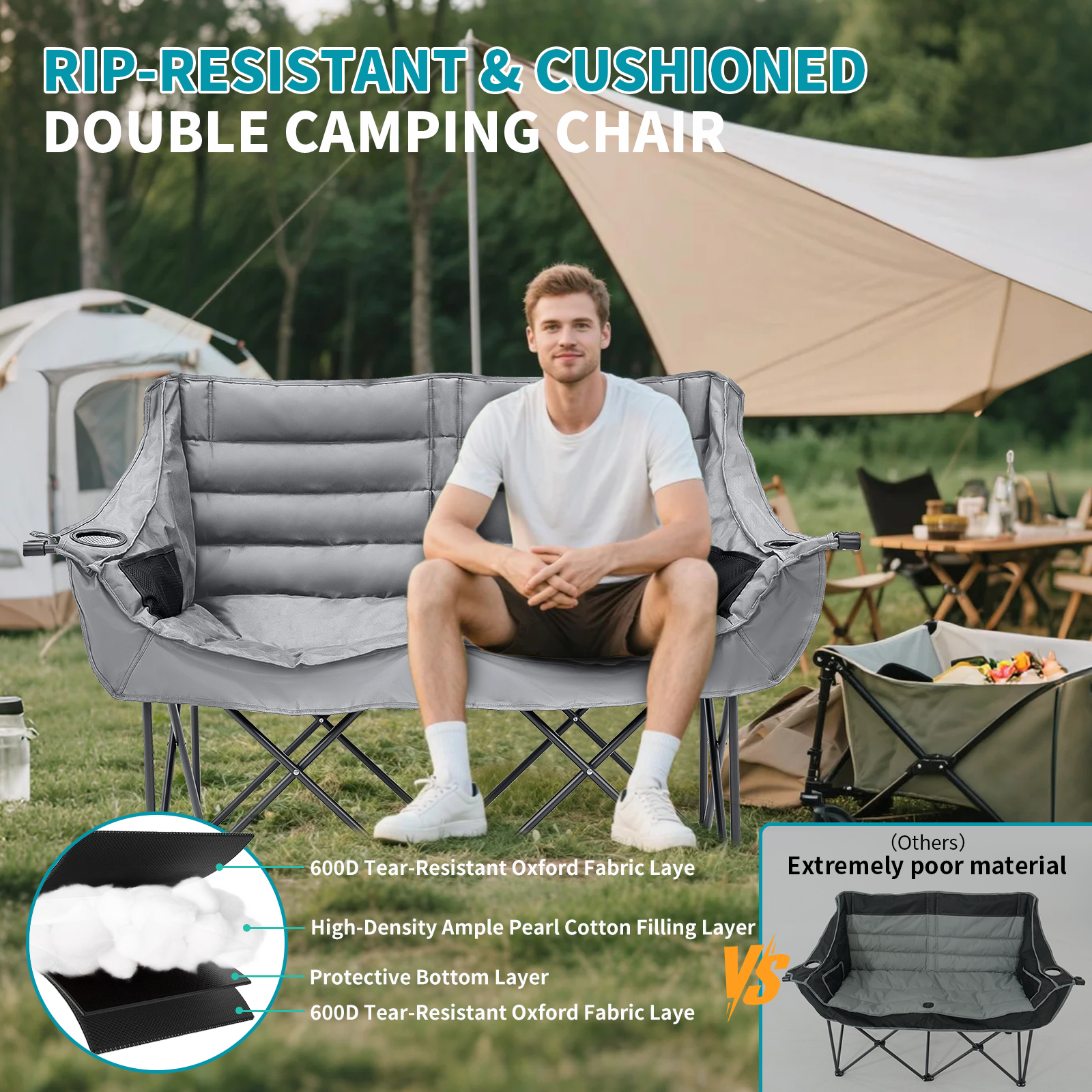 Slsy XXXL Oversized 2 Person Fully Padded Camping Chair, Folding Loveseat Camping Couch Double Camping Chairs Heavy Duty Portable Lawn Chair Patio Chair, Supports 990 LBS