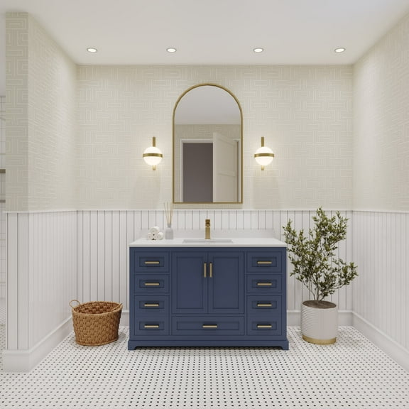 Ayna Decors Maya 48 in Navy Blue Bathroom Vanity Set with White Quartz Countertop