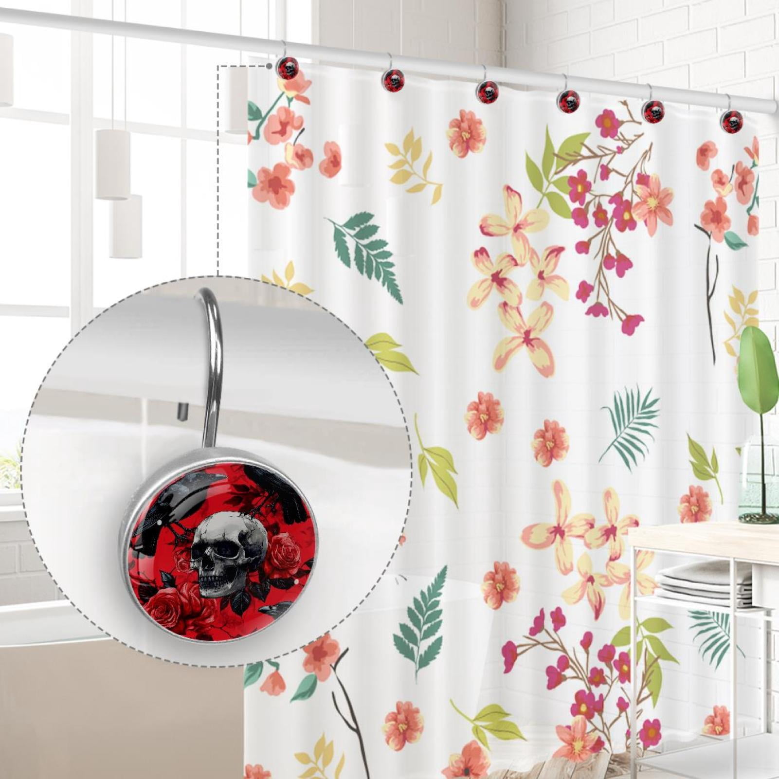 Dead Skull Raven Roses on Red Shower Curtain Hooks Round Crystal Glass, Set of 12 Shower Curtain Rings - Shower Hooks for Curtain Shower Rings