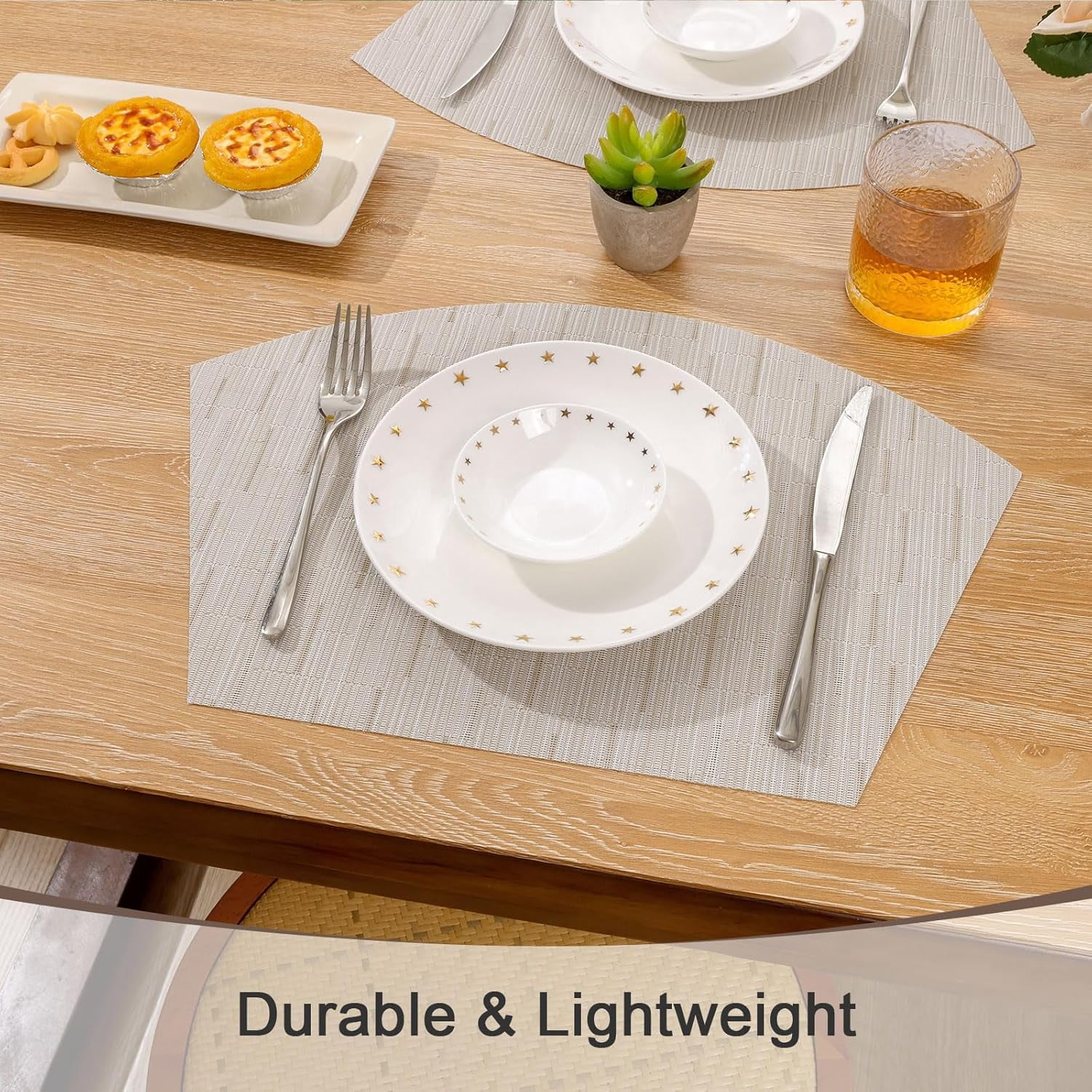 Round Table Placemats Set of 4 Wedge Shape Placemat Woven Vinyl Place Mats Heat Resistant Wipe Clean Dining Table Mats Home Table Decor (4, Tan)
