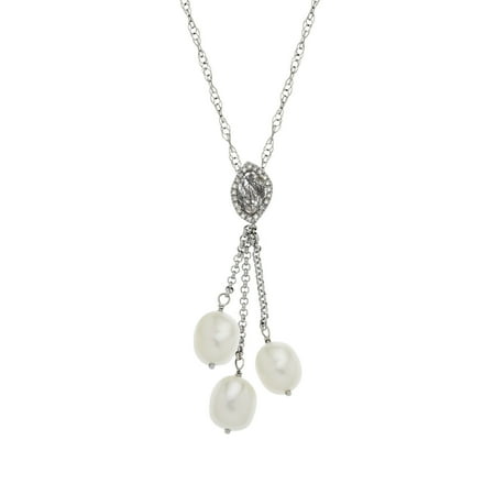 7/8 ct Rutilated Quartz and Freshwater Pearl Lariat Necklace with Diamonds in Sterling Silver
