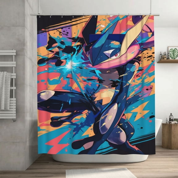 Greninja Shower Curtain Cartoon Art Bath Shower Curtains with 12 Hooks, Waterproof Washable Polyester Bathroom Home Decor Set 72x72 Inch, Iron