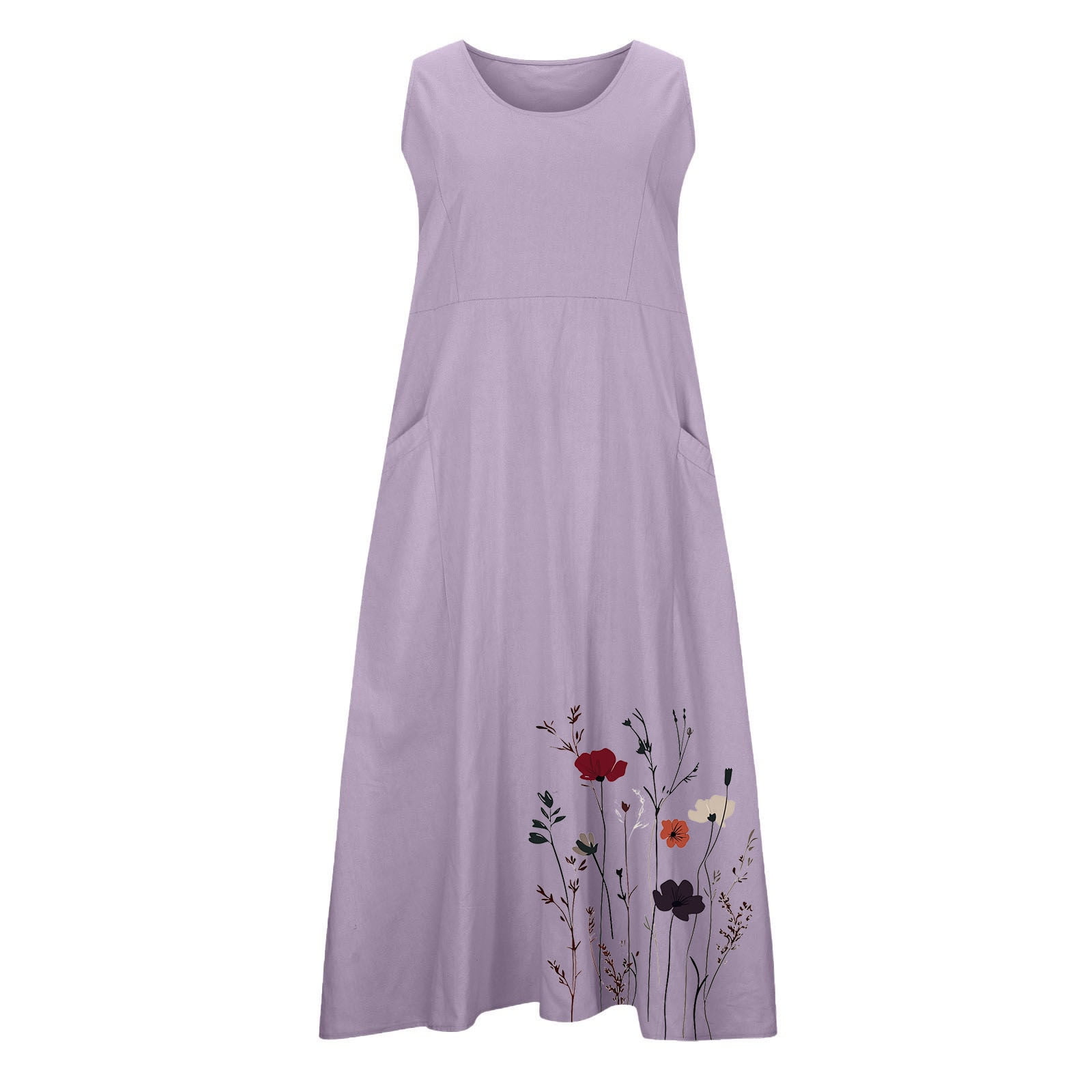 Bltiby Womens Summer Cotton Linen Dresses Sleeveless Printed Crew Neck Loose Casual Maxi Dress with Pockets Pink 3XL