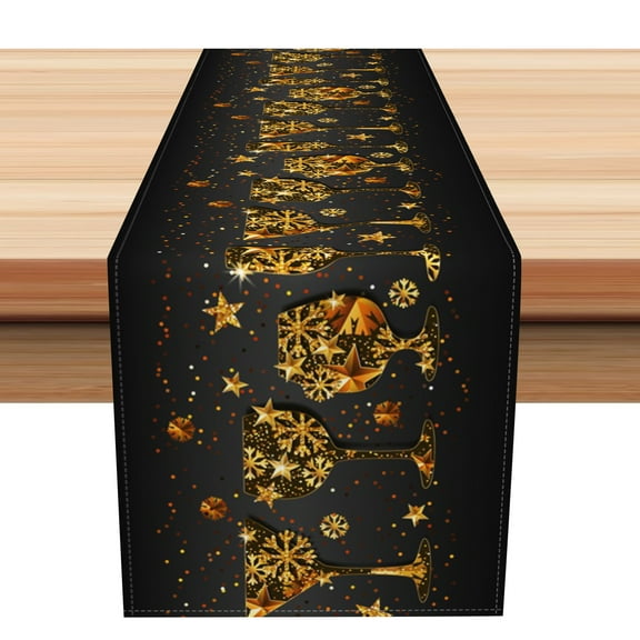 SUNOLIFE Black HAPPY New Year Table Runner Gold Champagne Kitchen Dining Table Decorations 13 x 72 Inch