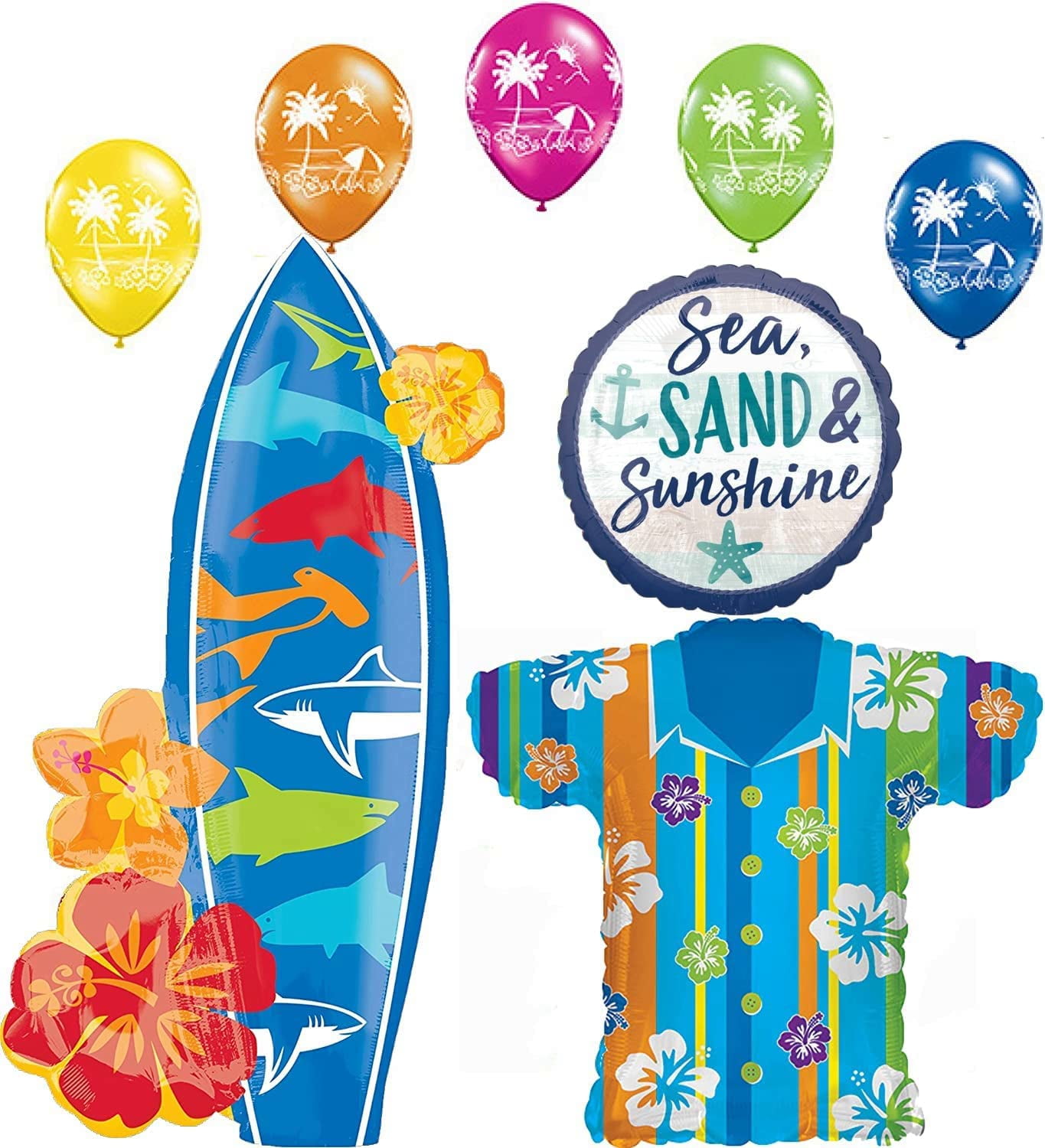 Beach Luau Party Supplies Hawaiian Shirt and Surfboard Balloon Bouquet