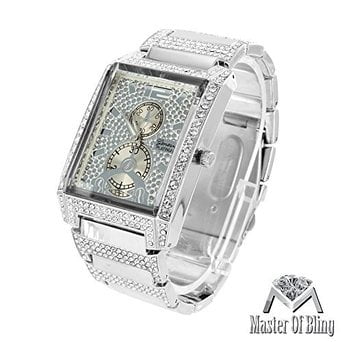 - Platinum Mens Watch Rectangle Face Analog Steel White Gold Tone Iced Out
