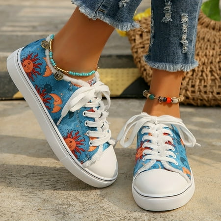 KINODAY Sun & Moon Print Canvas Sneakers Casual Lace Up Low Top Skate Shoes All-Match Walking Flat Shoes