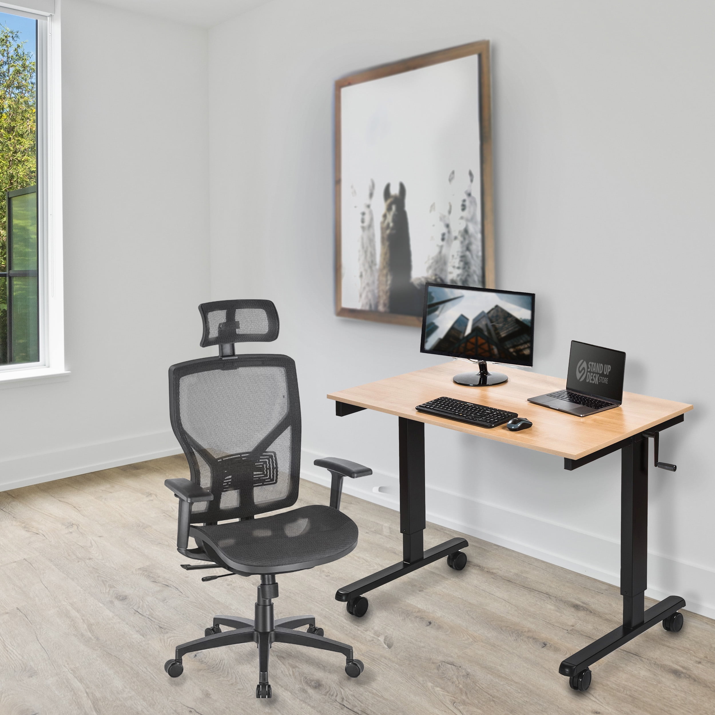 Stand Up Desk Store Crank Adjustable Height Rolling Standing Desk (Black Frame/Natural Walnut Top, 48" Wide)