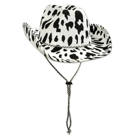 Pack of 6 Adult Size Cow Print Cowboy Hats with Black and White Chin Straps