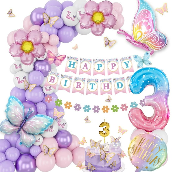 YANSION 3rd Birthday Decorations for Girls, Pink Purple Birthday Balloons, Third Birthday Decorations, Set With Butterfly Stickers, Butterfly Foil Balloons, Happy Birthday Banner, Number 3 Balloon