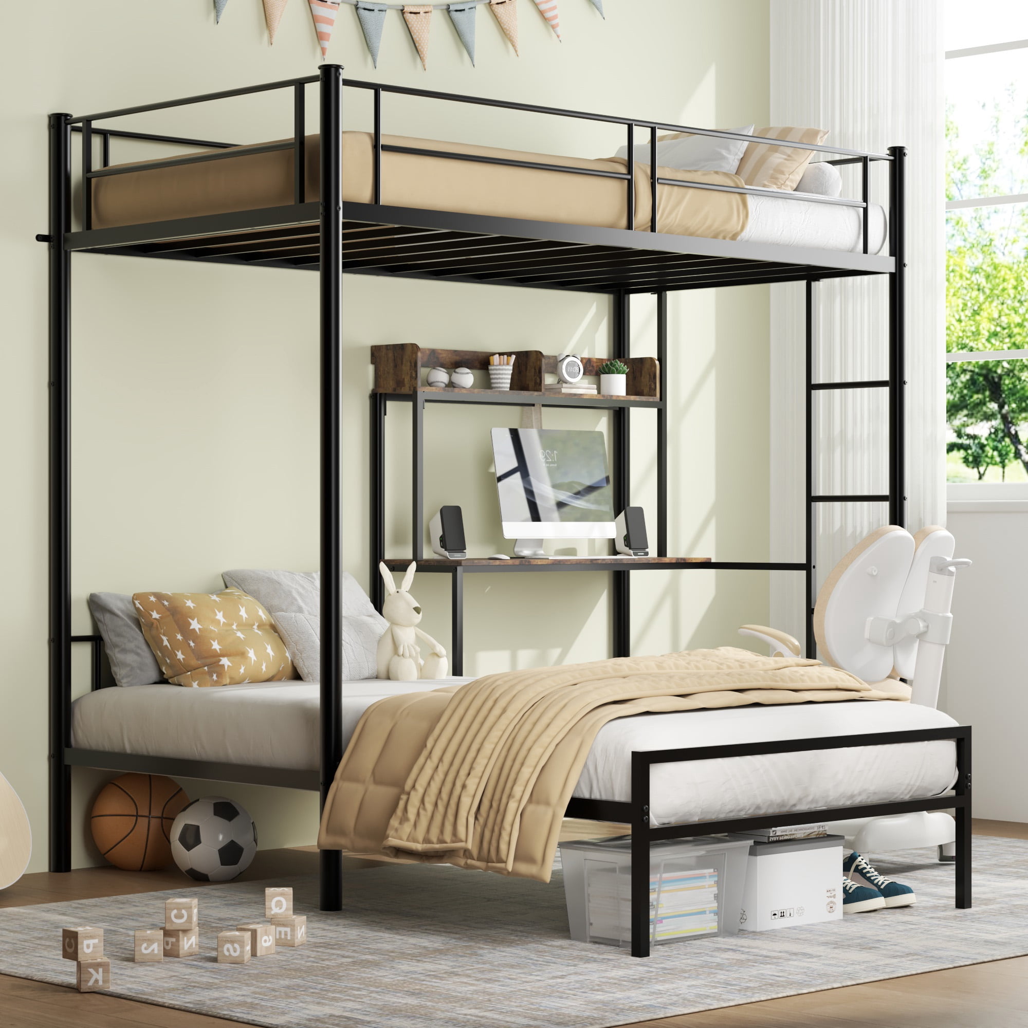 Gewnee Twin Over Twin Szie Metal Bunk Bed with Built-in Desk, Charging Station,Storage Shelves & Bookcase,Space-Saving for Teen,Dorm,Guest Room,No Box Spring Needed.Black