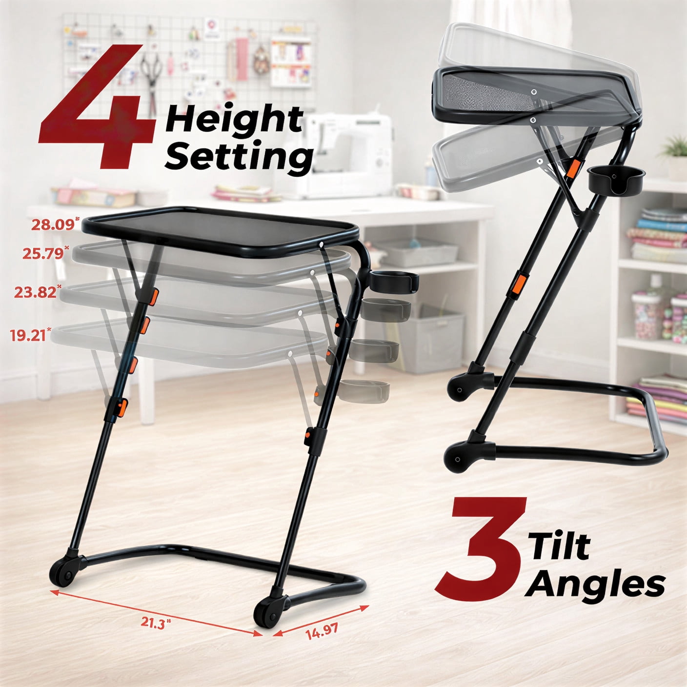 FurnitureR Z-Shaped Sewing Craft Table - Adjustable Height & Tilt, Side Table with Metal Frame Working Desk for Sewing, Knitting, Indoor and Outdoor Activities