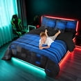 thumbnail image 4 of Manfei 3D Cube Neon Light Queen Bedding, Blue Gradient Stripe Bedding Comforter Set Queen, Blue Black, Black Reversible 7pcs, 4 of 6
