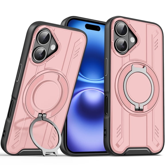 For iPhone 16 Case [Compatible with MagSafe] 360°Rotatable Magnetic Ring Invisible Stand [Drop Protection] Armor Shockproof Military-Grade Protection Anti-Scratch,Pink