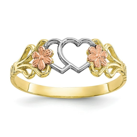 Solid 10k Gold Two-tone & Rhodium Double Heart Ring (2mm) - Size 6
