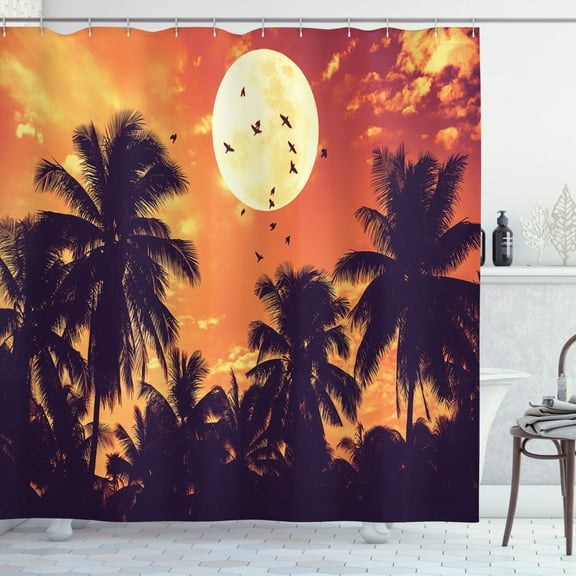 Night Ocean Shower Curtain, Tropical Climate Palm Trees Full Moon Birds, Fabric Bathroom Set with Hooks, 69W X 75L Inches Long, Burnt Sienna Pale Orange Cream and Dark Purple, by Ambesonne