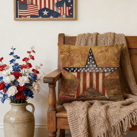 Vintage Patriotic Pillow Covers with Distressed American Flag Pattern, Invisible Zipper Cushion Cases for Sofa Decor and 4th of July Home Decoration Accents