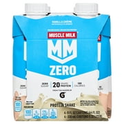 Muscle Milk Zero Protein Shake Vanilla Creme, 11.16 Fl Oz Bottle, 4 Pack, 20g Protein, Zero Sugar, 100 Calories, Calcium, Vitamins A, C & D, 4g Fiber, Energizing, Workout Recovery, Packaging May Vary