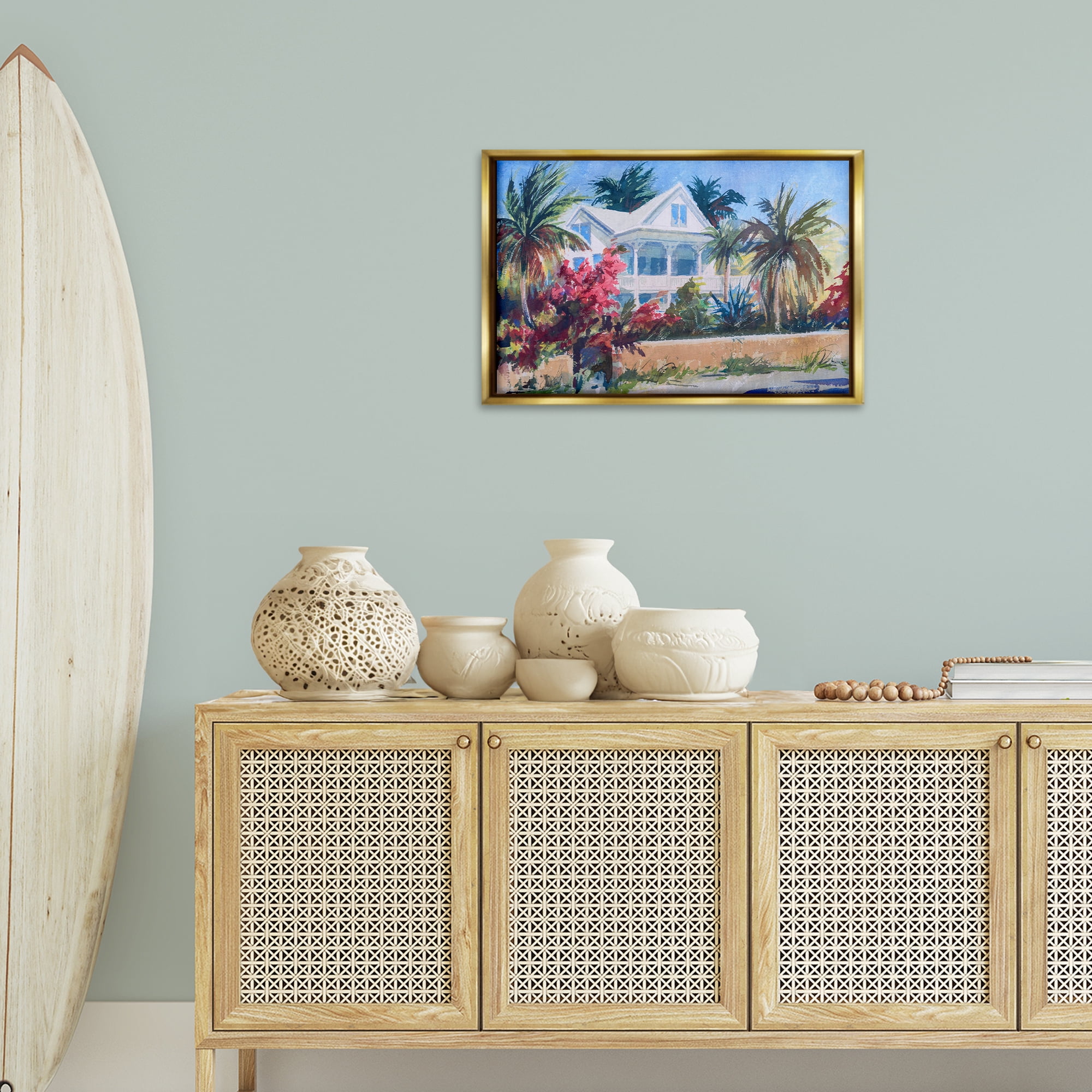 Stupell Industries Palm Tree Cottage Landscape Painting Gold Floater Framed Canvas Art Print Wall Art, 25 x 17
