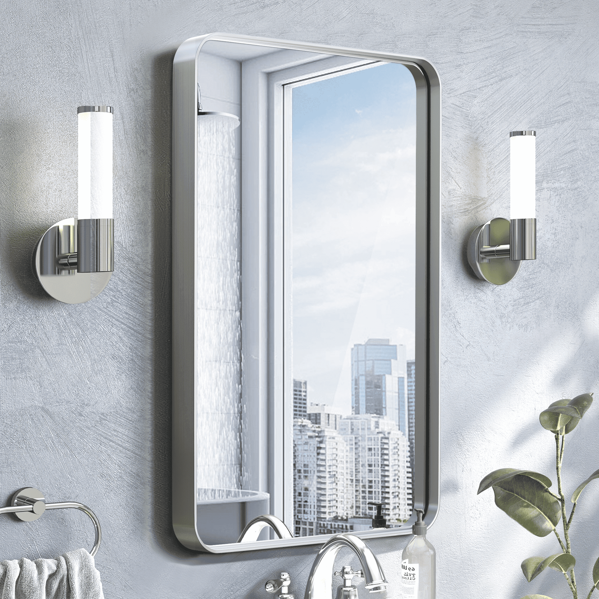 MAYEERTY 32"x22" Aluminum Alloy Rounded Corners Rectangular Imitation Electroplated Hanging Glass Silver