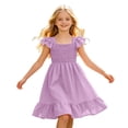 thumbnail image 7 of Bysome Kids Girls Dress Solid Color Flutter Sleeve Square Neck Pleated Summer Breathable Toddler Girls Dresses Size 9-10 Years Purple, 7 of 7
