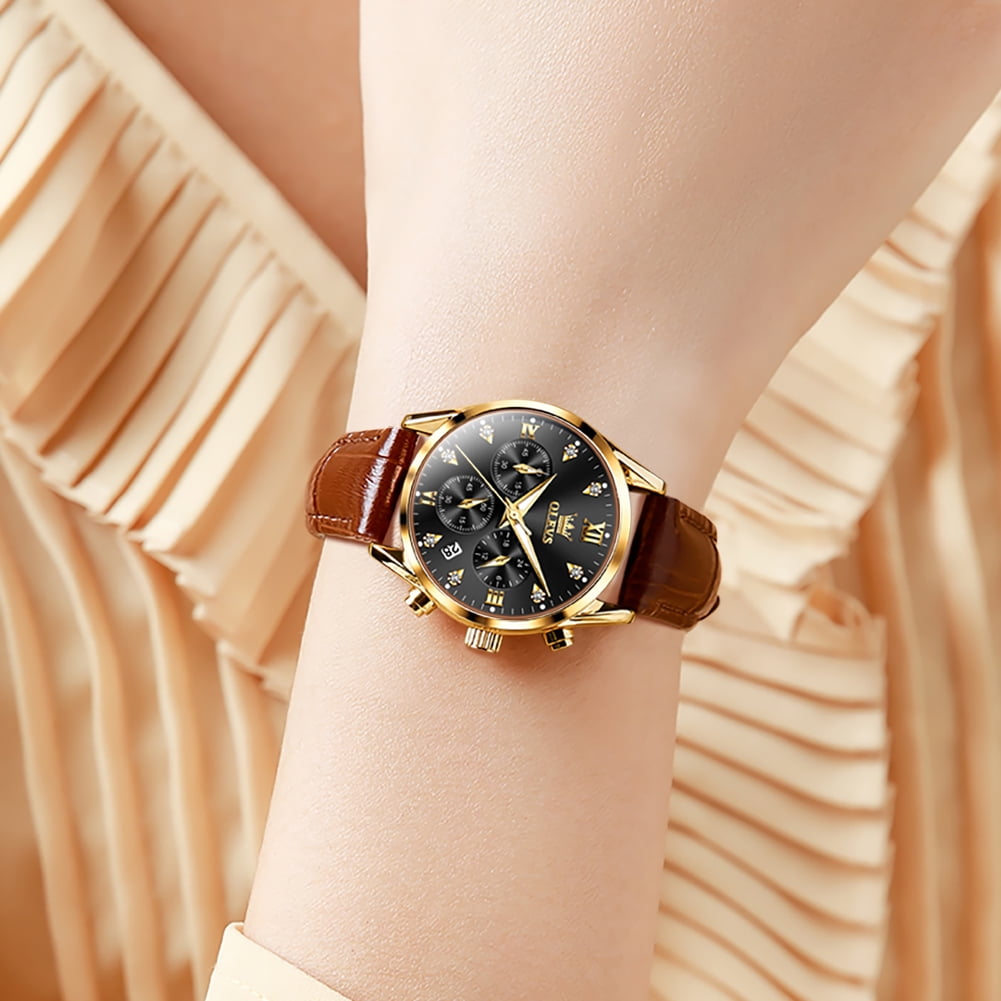 OLEVS Watches for Womens Brown Leather Strap Analog Quartz Rose Gold Fashion Casual Dress Multifunction Chronograph Diamond Date Waterproof Luminous Ladies Watches Relojes para Mujer
