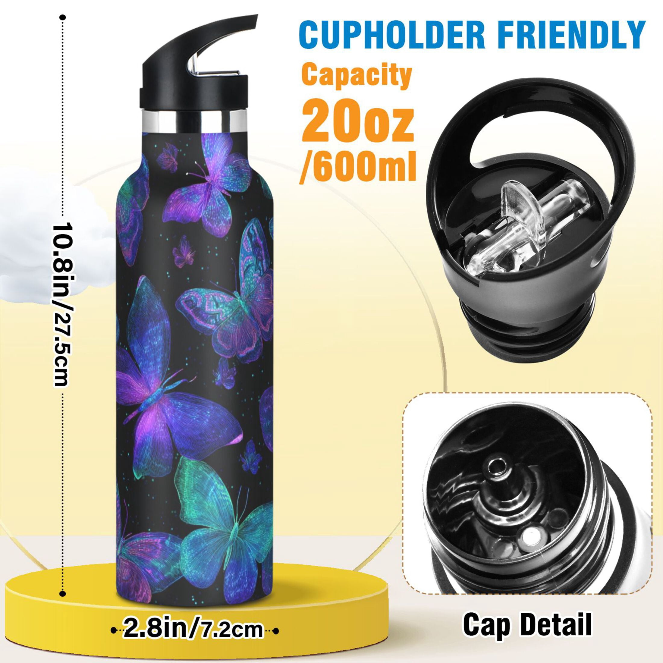 Kids Insulated Stainless Steel Sports Water Bottle 600ml Neon Blue-purple Green Butterfly