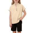 thumbnail image 3 of Abtuhar Boys Girls Summer Short Sleeve Round-Neck Blouses & Shirts Solid Color Linen V Neck Split Top, 3 of 5