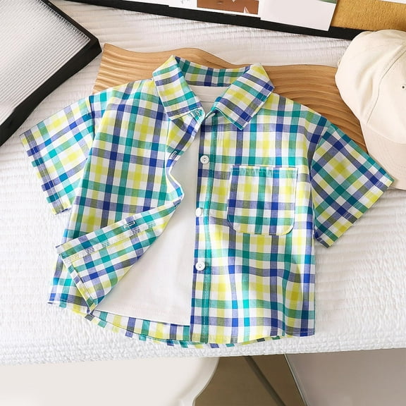 Frwgonr Boys Tees Casual Button Down Shirts Stretch Dress Shirs Short Sleeve Plaid Summer Shirts for Boy 1-11 Years, Green