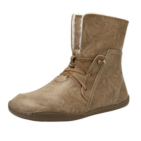 

Retro Women Flat Keep Warm Snow Lace-Up Solid Color Short Booties Round Toe Shoes