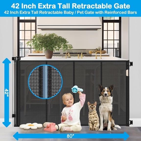 Reinforced 42" Tall X 80" Wide Retractable Dog Gate for Hallway Tall for Dogs Indoor High Reinforced Bar Retractable for Doorways Wide Pet Gate Outdoor, Black