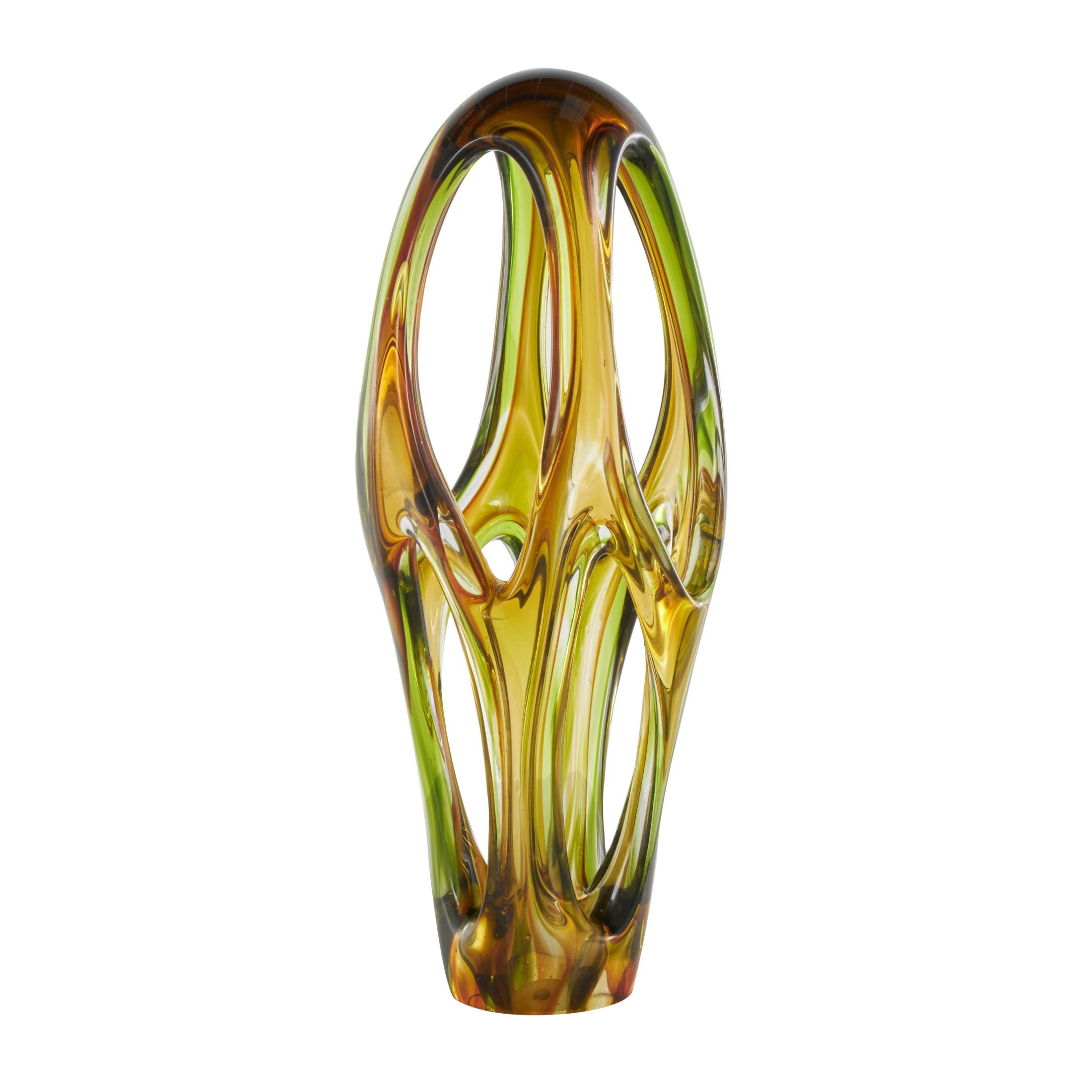 6" x 21" Orange Glass Ombre Cutout Abstract Sculpture with Green Accents, by DecMode