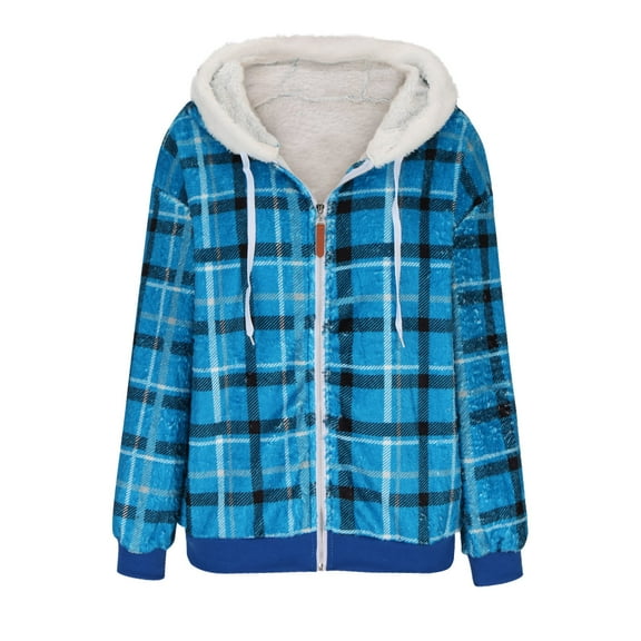 BEFOKA Womens Classic Casual Hooded Denim Jacket Fleece Plaid Print Long Sleeve Coats Trendy Loose Shacket Fall Winter Trucker Coats Going Out Tops for Women Jean Jacket Sweatshirt