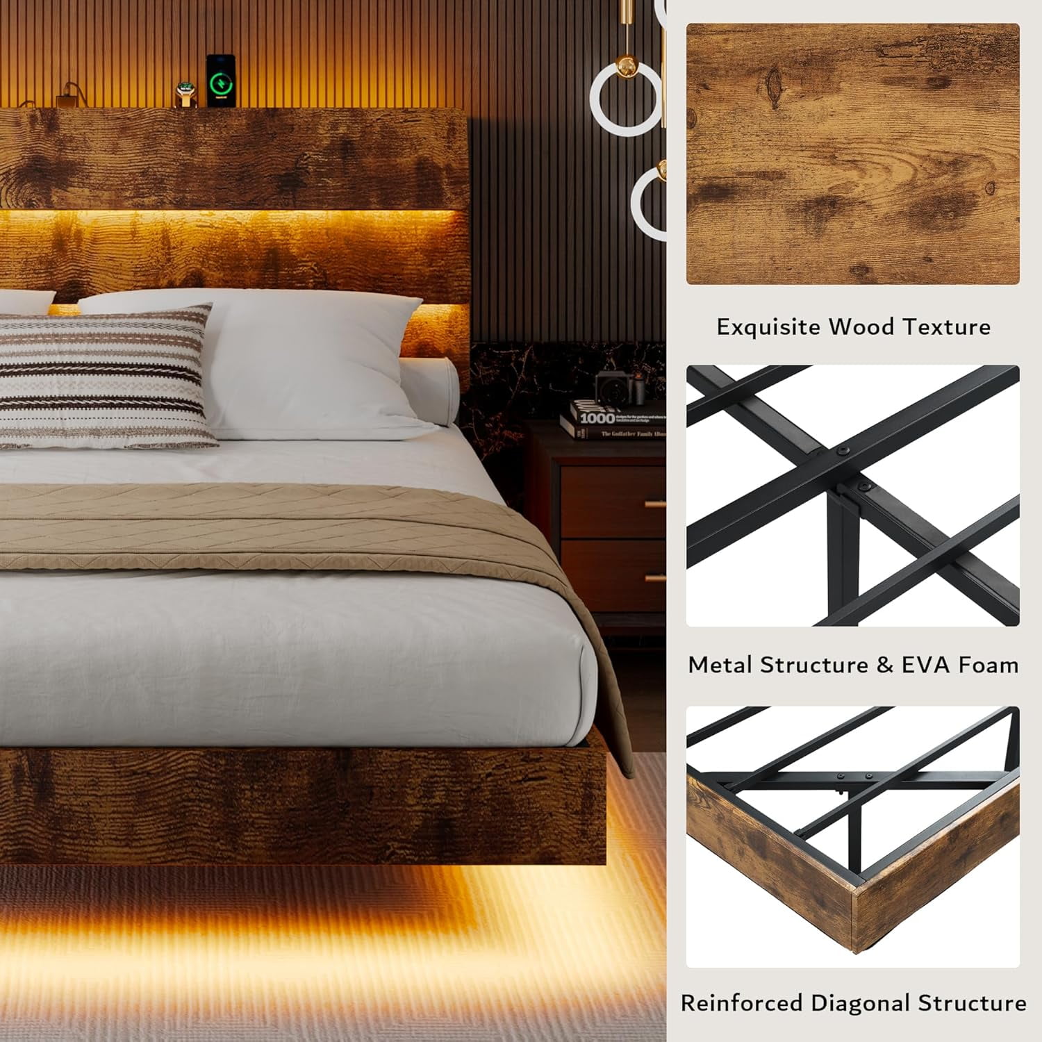 Honfach Floating King Size Bed Frame with LED Lights & Charging Station, Platform Bed with Wooden Storage Headboard, Steel Slats Support,Vintage Brown
