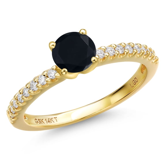 Gem Stone King 14K Yellow Gold Black Onyx and Lab Grown Diamond Engagement Ring for Women | 0.64 Cttw | Round 5MM | Gemstone December Birthstone | Size 9
