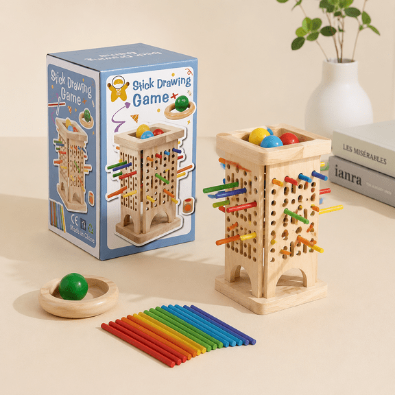 Wooden Ball Stick Game, 36PCS Family Dexterity Board Game with 30 Colorful Sticks, 4 Wooden Balls, 1 Dice&1 Ring Frame, Fun Tabletop Party Game for Family Night, Friends Gathering Home Entertainment