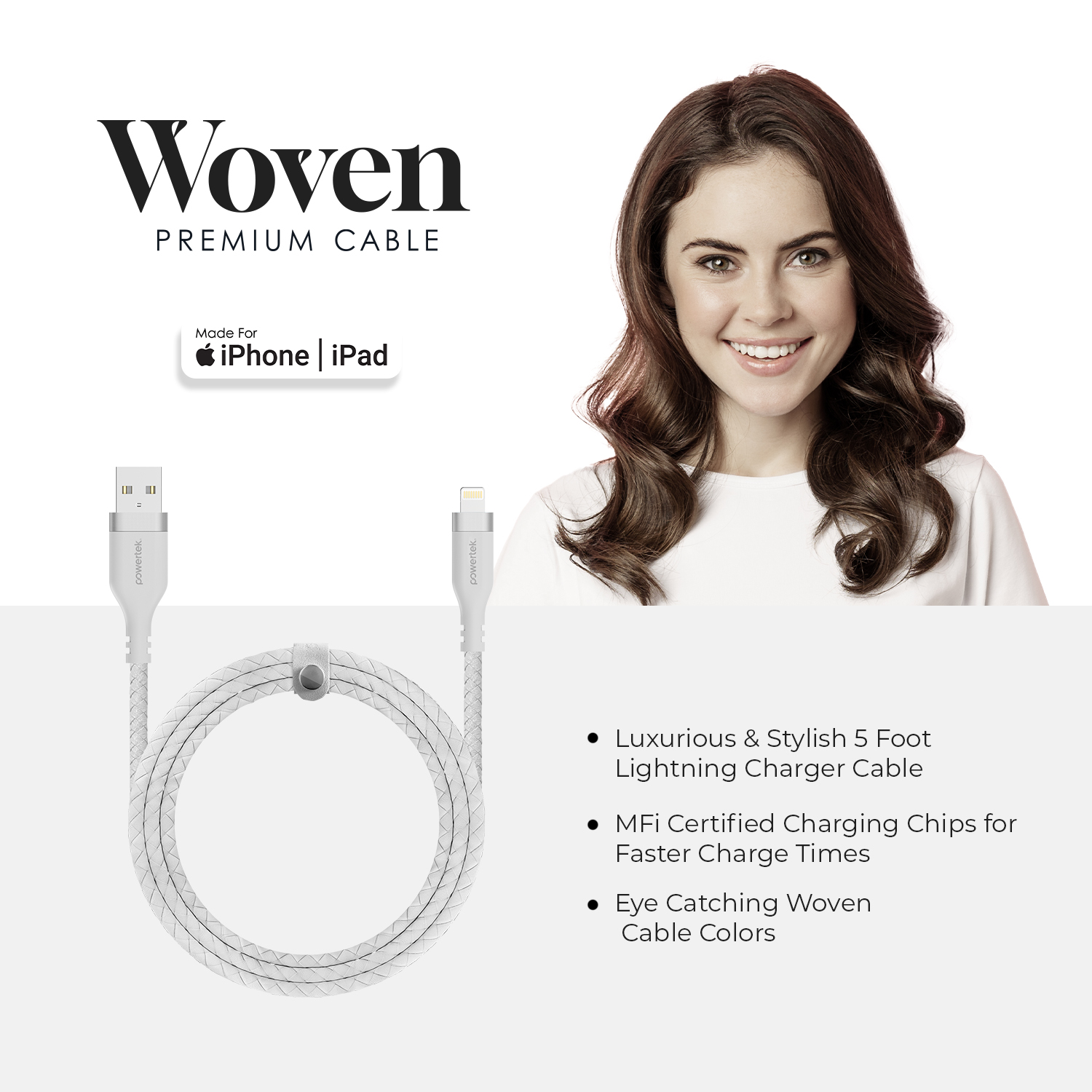 Liquipel Powertek USB-A to Lightning Woven Cable - White