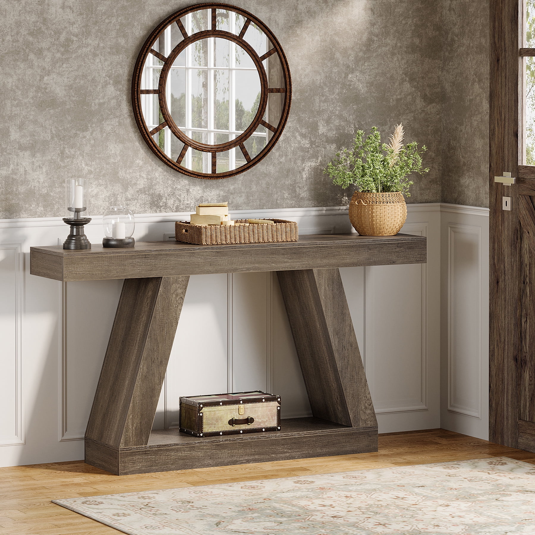 Finmind 55-inch Farmhouse Console Table，2-Tier Wood Entryway Table for Hallway, Gray