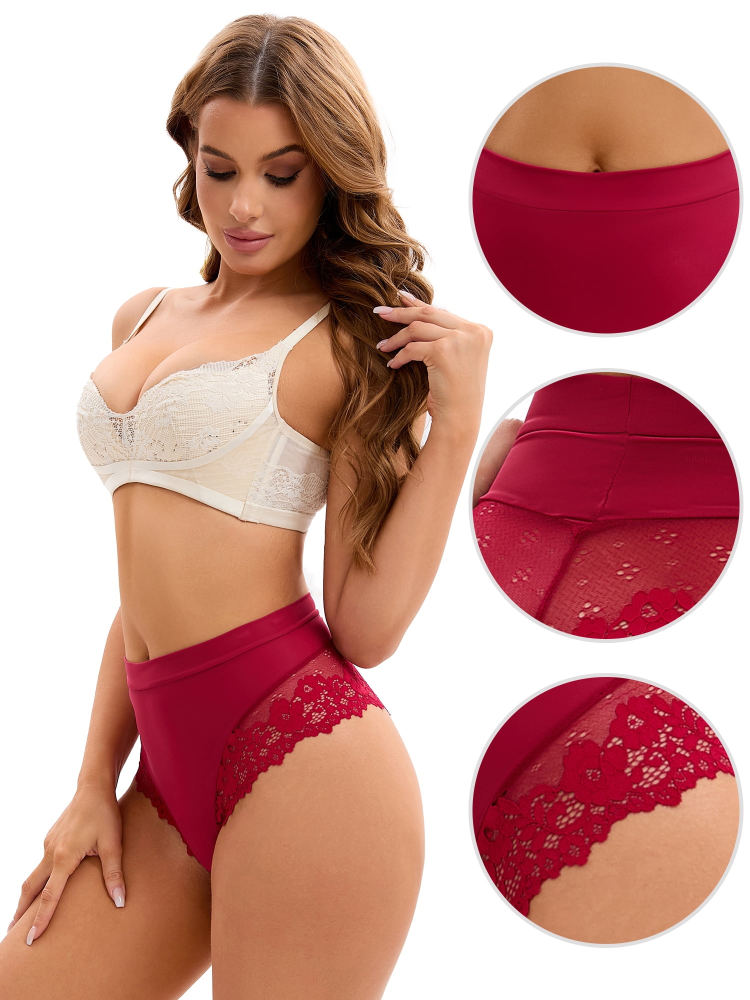 Unique Bargains Women's High-Waisted Underwear Thong Briefs Lace Trim Panties XL Wine Red