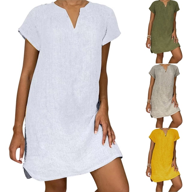 Robes Grande Taille Été T-Shirt Robes Débardeur Col en V Manches Courtes Robe Grande Taille Été Robe Blanche TG