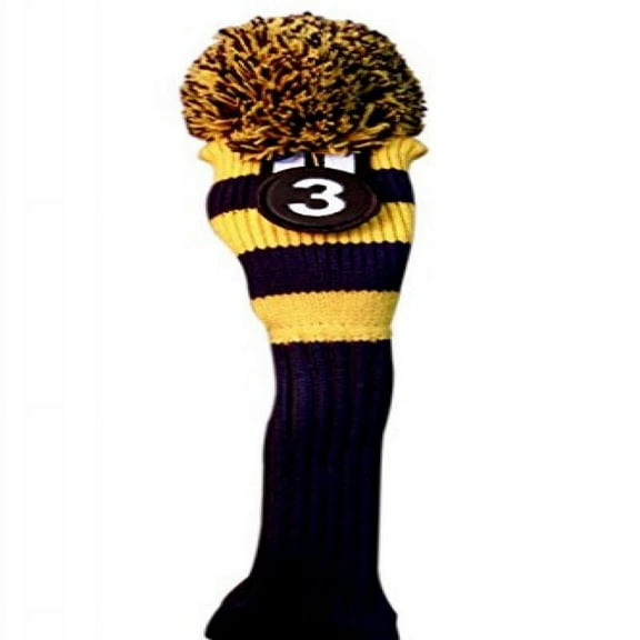 Majek #3 Hybrid Rescue Utility Blue & Yellow Golf Headcover Knit Pom Pom Retro Classic Vintage Head Cover
