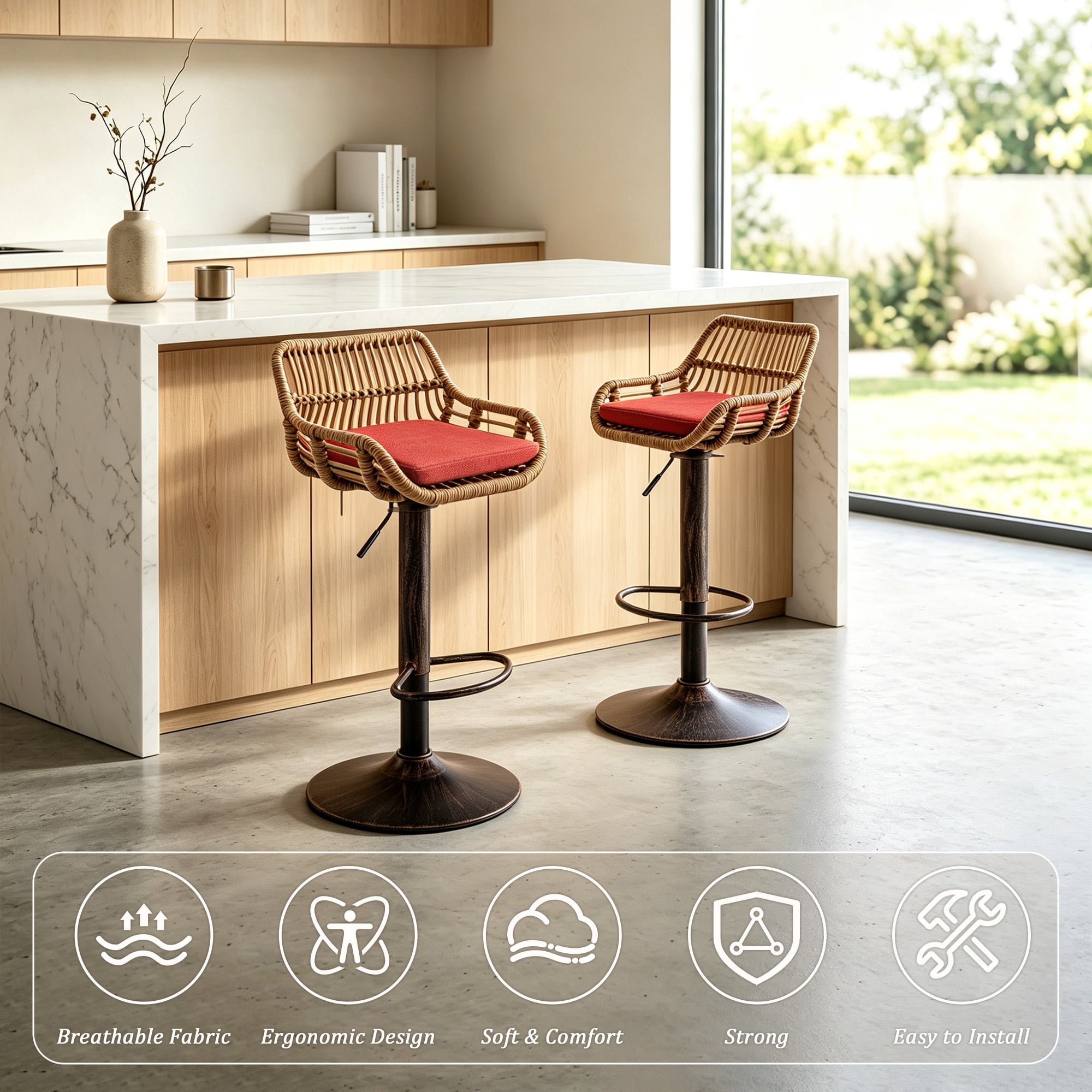 MOONMISS Swivel Bar Stools Set of 2, Modern Adjustable Counter Height Barstools with Back, Rattan Bar Chairs with Cushions & Metal Footrest, Pub Stools for Kitchen, Bar, Dining Room,Red