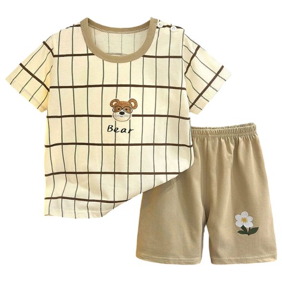Ulanda Kids Toddler Boy Clothes Outfits Bear Print Tee Plaid Shorts 2 Pieces Summer Shorts Set (Khaki, 3-4 Years)
